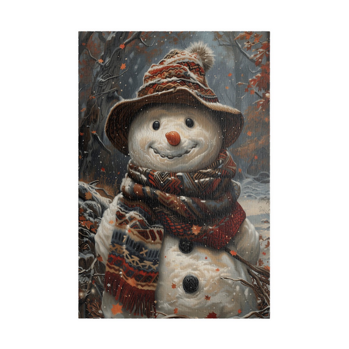 Smiling Snowman In Knit Hat And Scarf Autumn Leaves Art Poster - Image 3