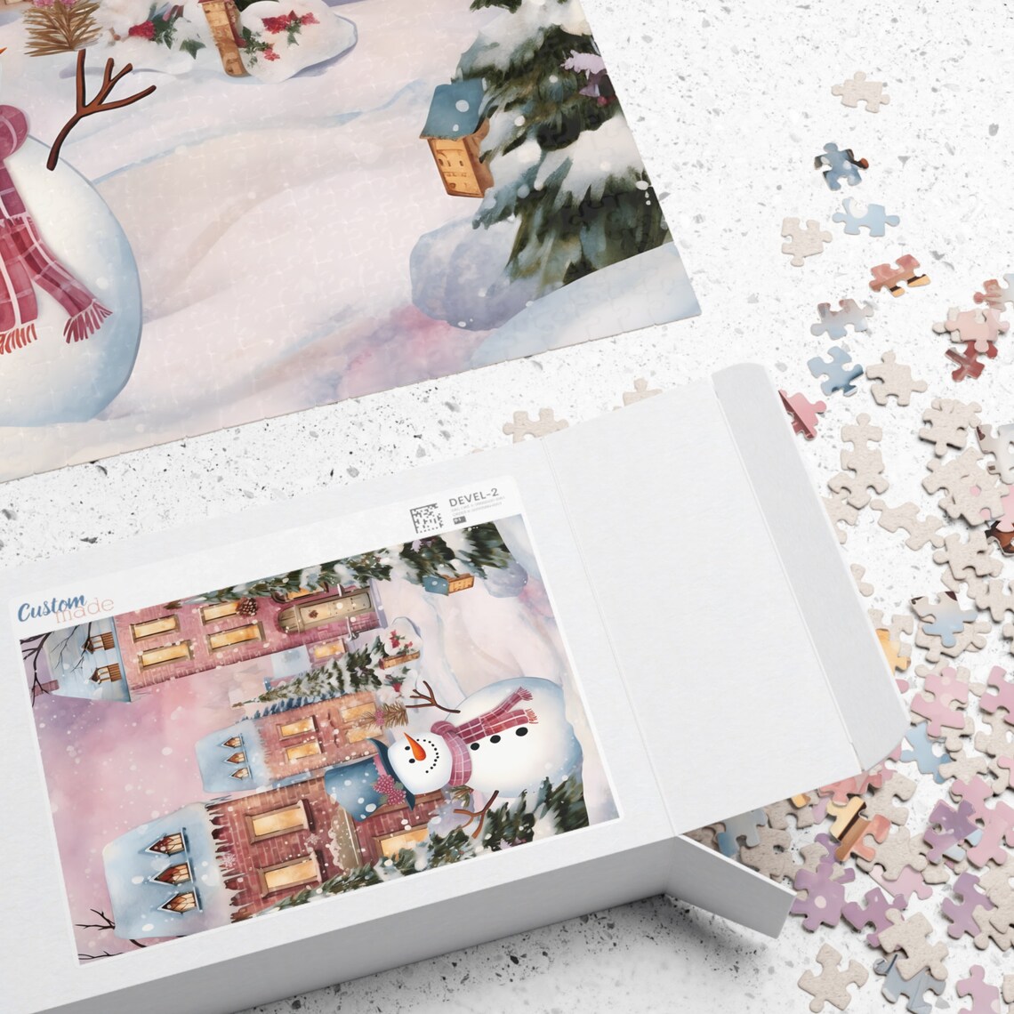 Cheerful Snowman in a Cozy Snowy Christmas Town Street Poster - Image 2
