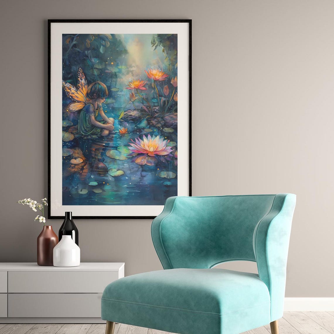 Water Lily Fairy Resting by a Moonlit Pond at Twilight Poster - Image 4
