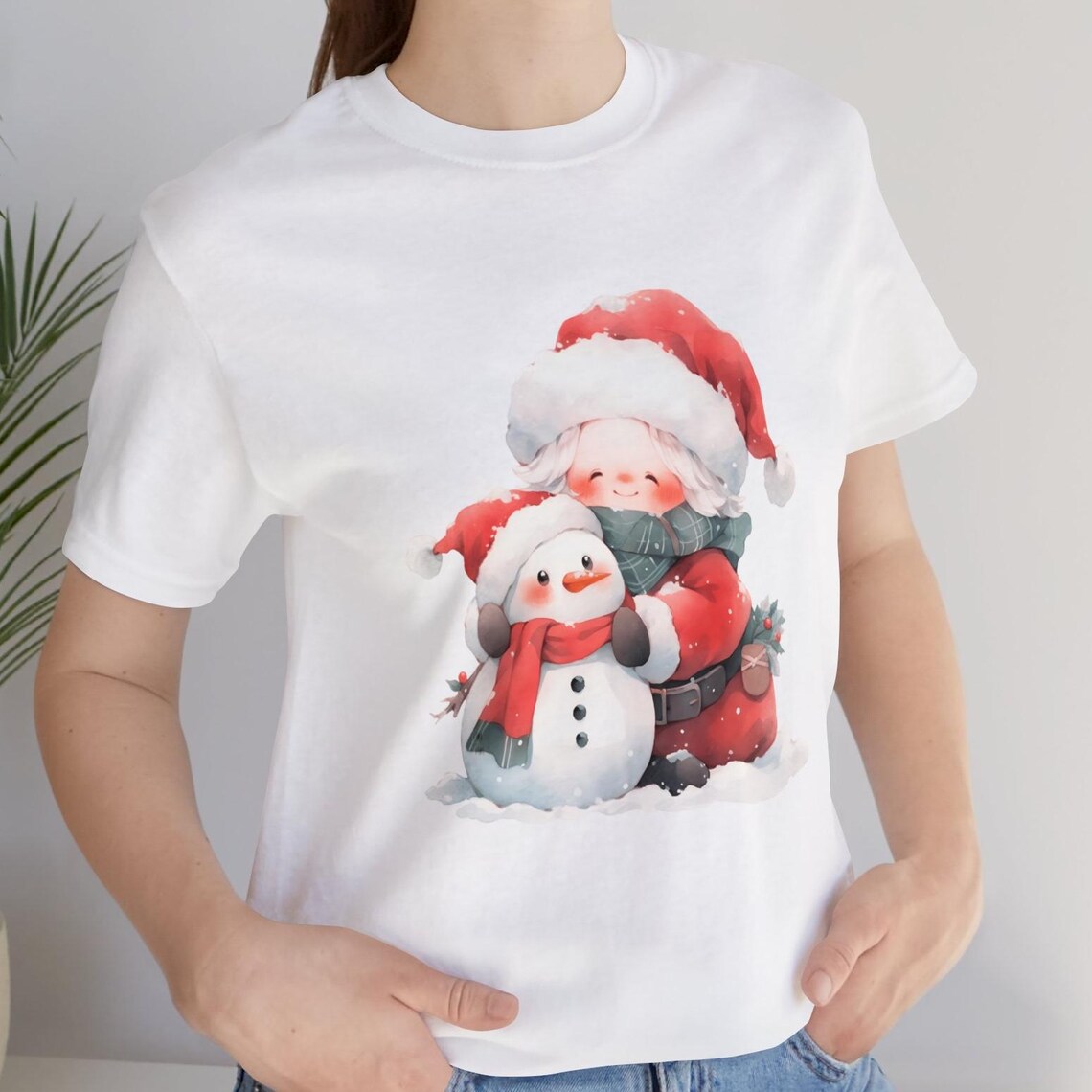 Cute Santa Girl Hugging Snowman Cozy Watercolor Christmas Art Poster