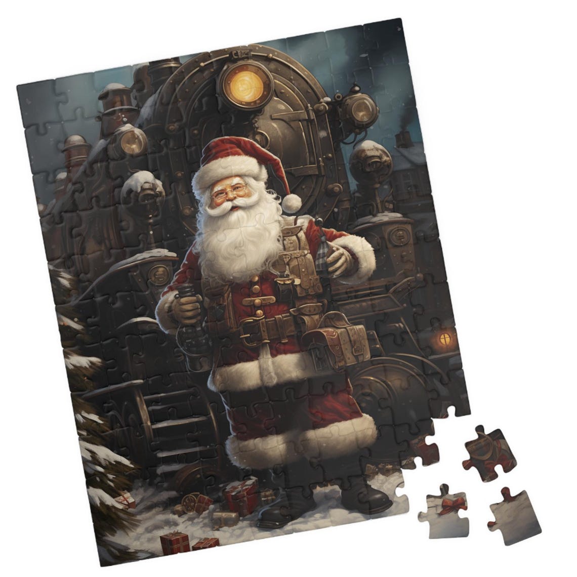 Steampunk Santa Claus Standing Before Vintage Train Art Poster