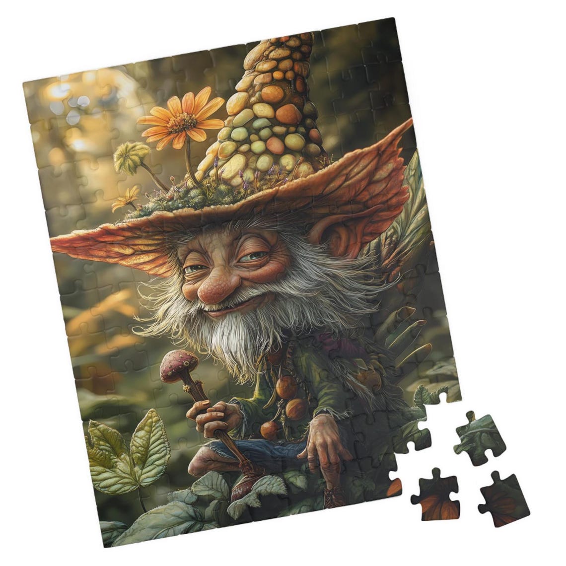 Smiling Forest Gnome Wearing a Pebble-Covered Mushroom Hat Poster