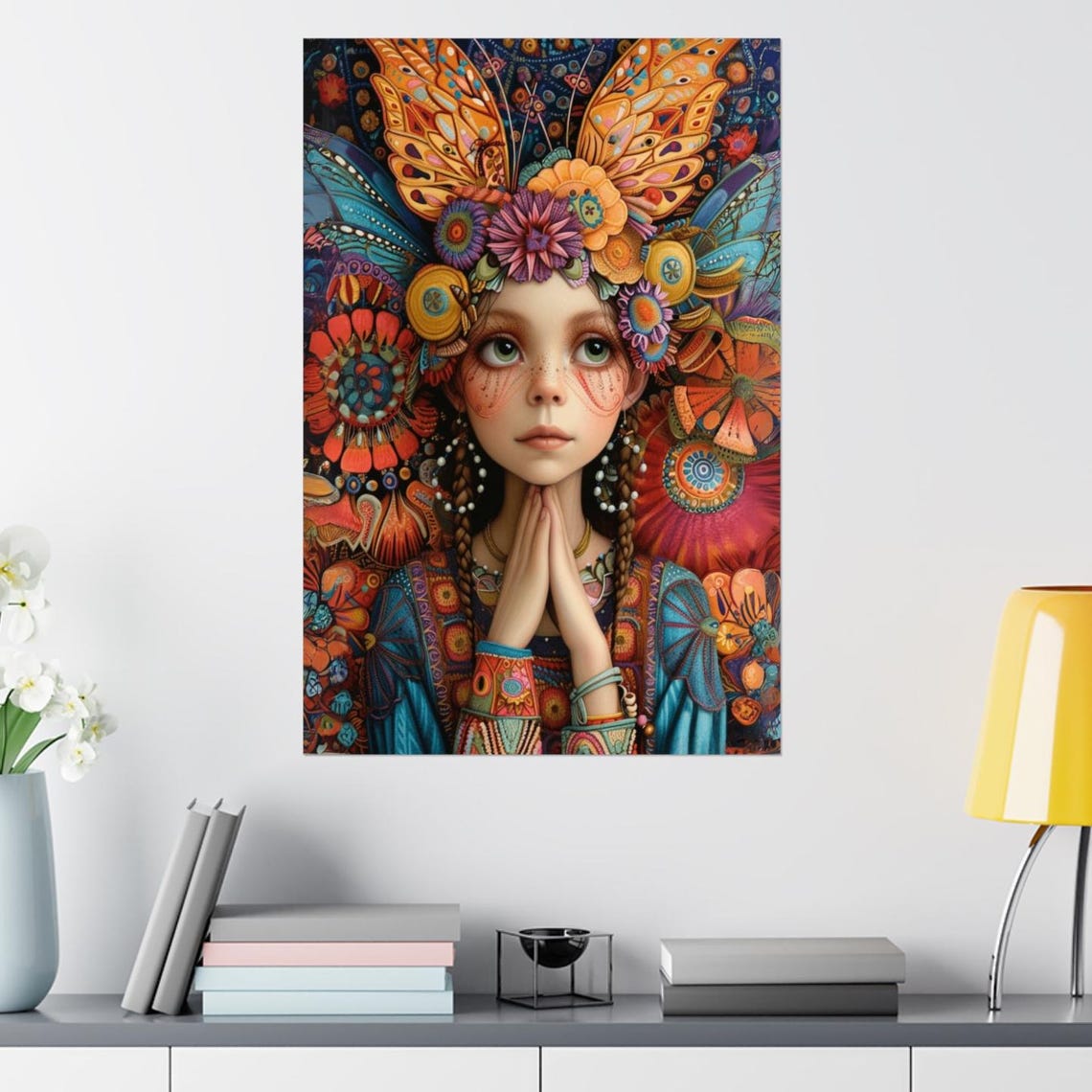 Fairy Girl With Ornate Butterfly Headdress Boho Pattern Art Poster