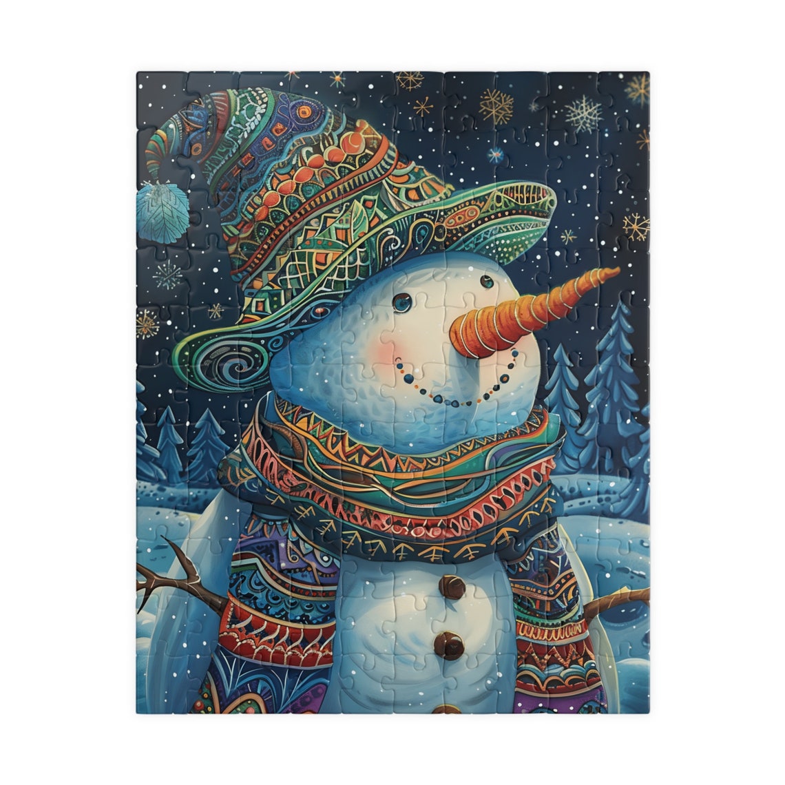 Whimsical Snowman in Ornate Winter Hat Under Starry Snowy Sky Poster - Image 5