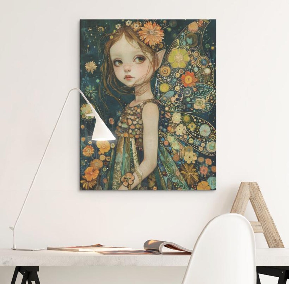 Little Night Fairy Portrait With Decorated Wings And Flower Art Poster