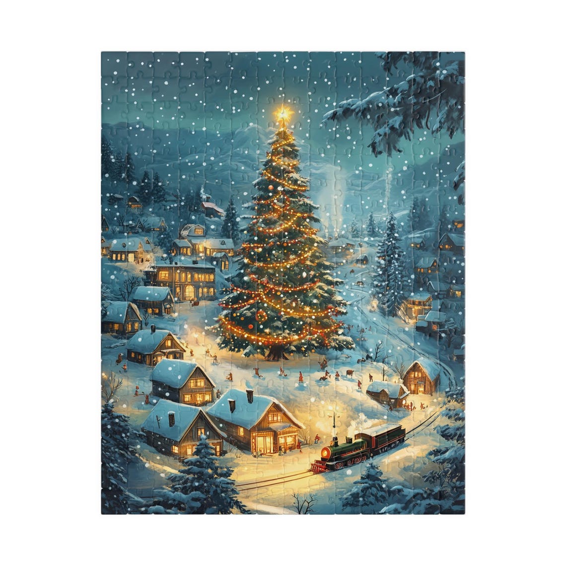 Snowy Mountain Village With Giant Lit Christmas Tree Art Poster - Image 5