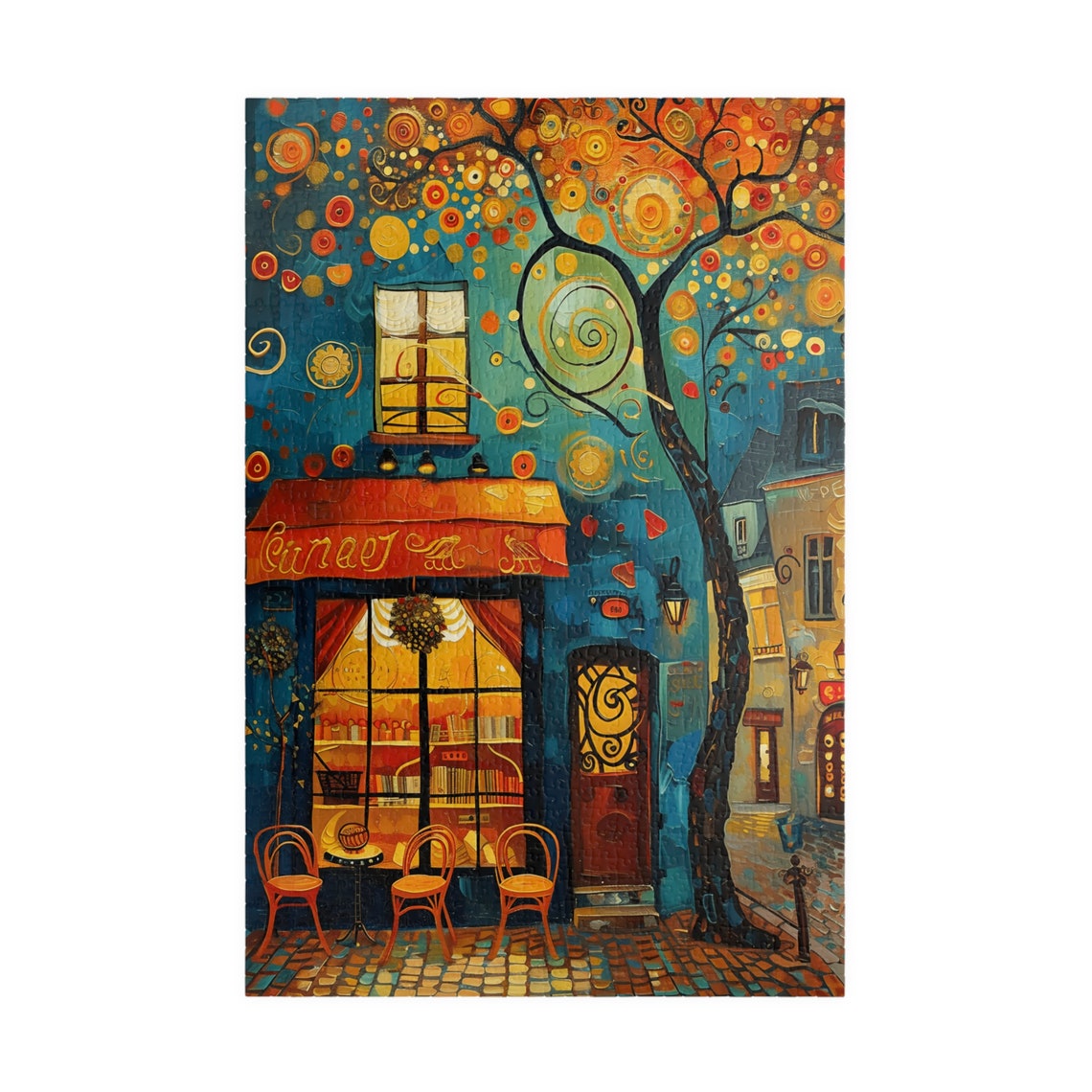 Whimsical European Cafe With Swirling Tree And Awning Art Poster - Image 3