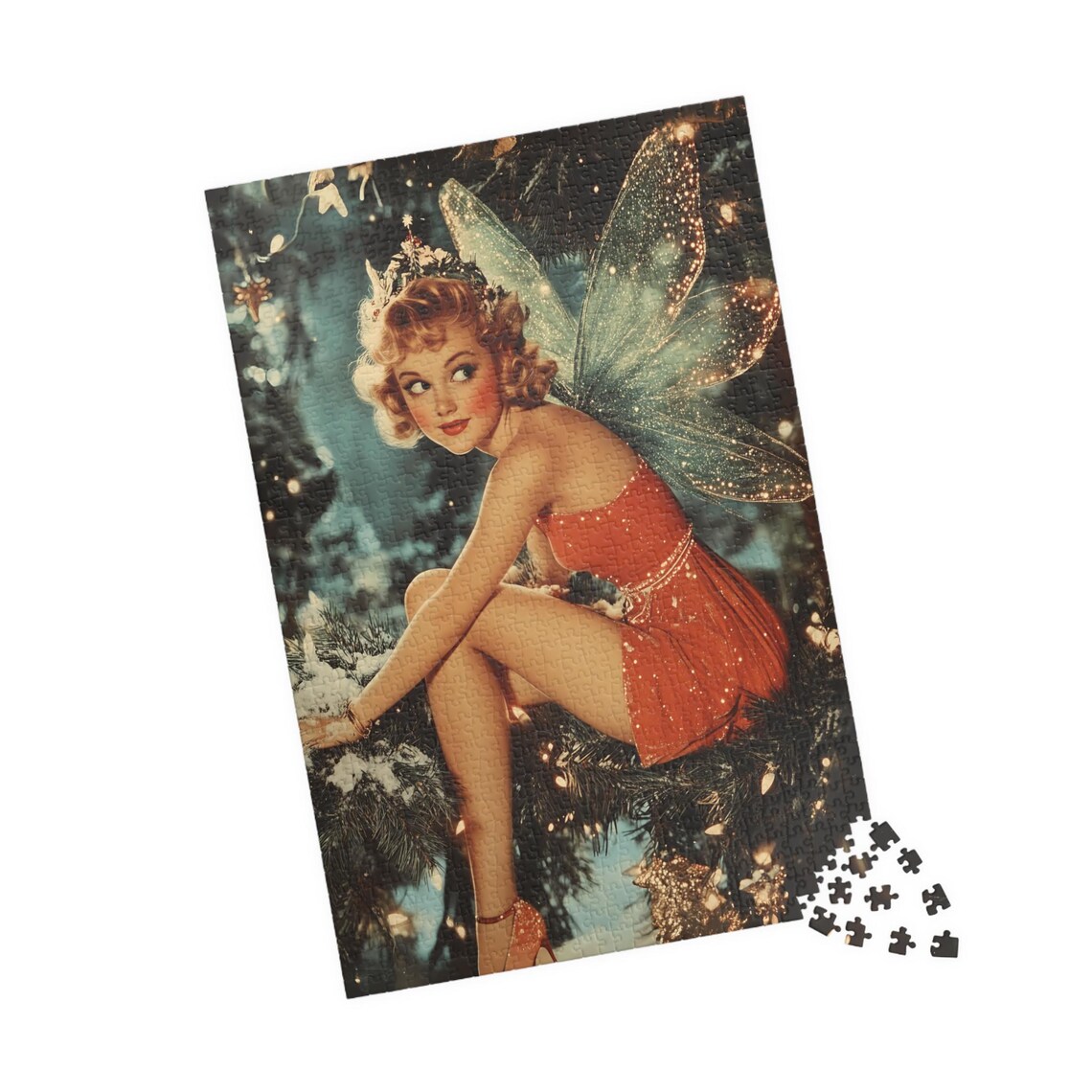 Vintage Christmas Fairy In Red Dress On A Snowy Tree Branch Print - Image 4