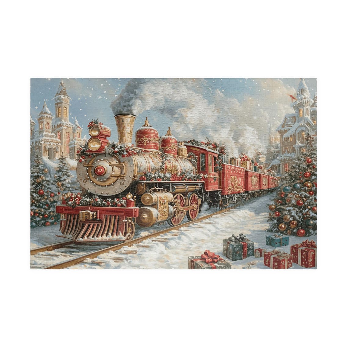 Red and Gold Christmas Train in a Snowy Village Scene Art Print - Image 3