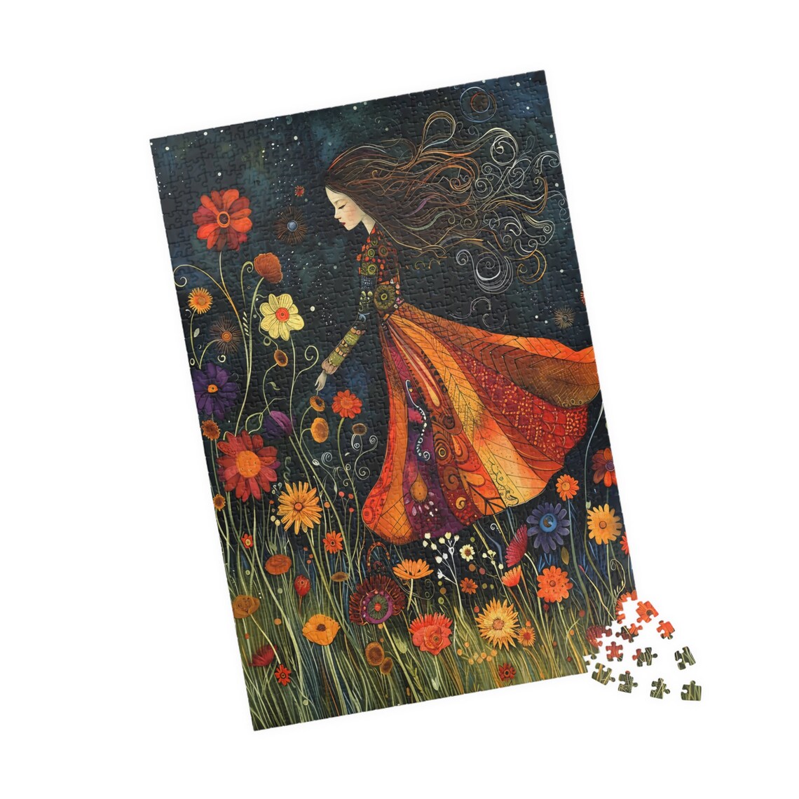 Boho Girl Wildflower Field Night Whimsical Folk Art Female Poster - Image 4