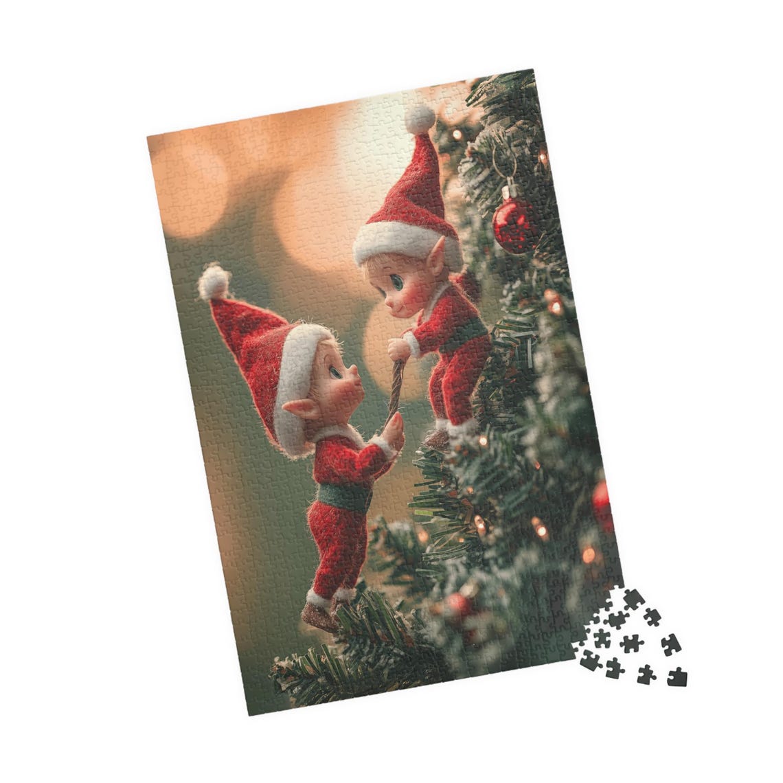 Two Cute Christmas Elves Pulling Garland On A Tree Art Print - Image 4