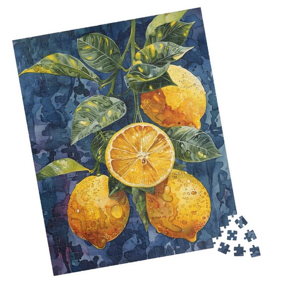 Watercolor Lemons On Blue Jigsaw Puzzle Gift For Birthdays Hospital Paitents And Nursing Homes Fun Tech Free Family Activity