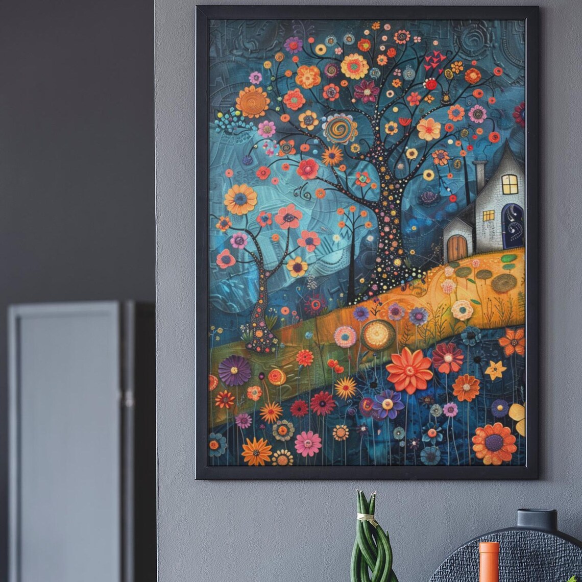 Folk Art Floral Tree by the Farmhouse Cottage at Night Art Print - Image 2