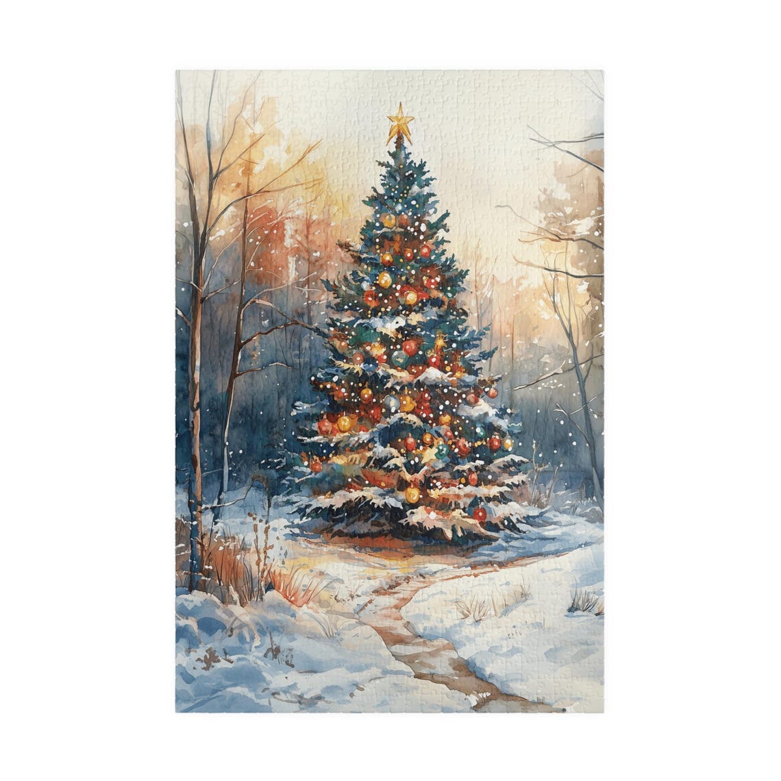 Watercolor Christmas Tree Glowing In A Snowy Forest Art Poster - Image 3