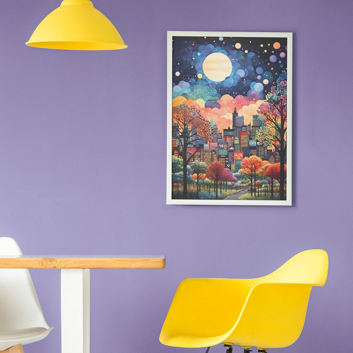 New York Night Skyline with Moon over Colorful Autumn Trees Poster - Image 2