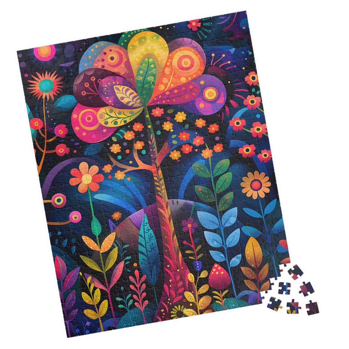 Psychedelic Flower Tree Night Garden Colorful Jigsaw Puzzle Print