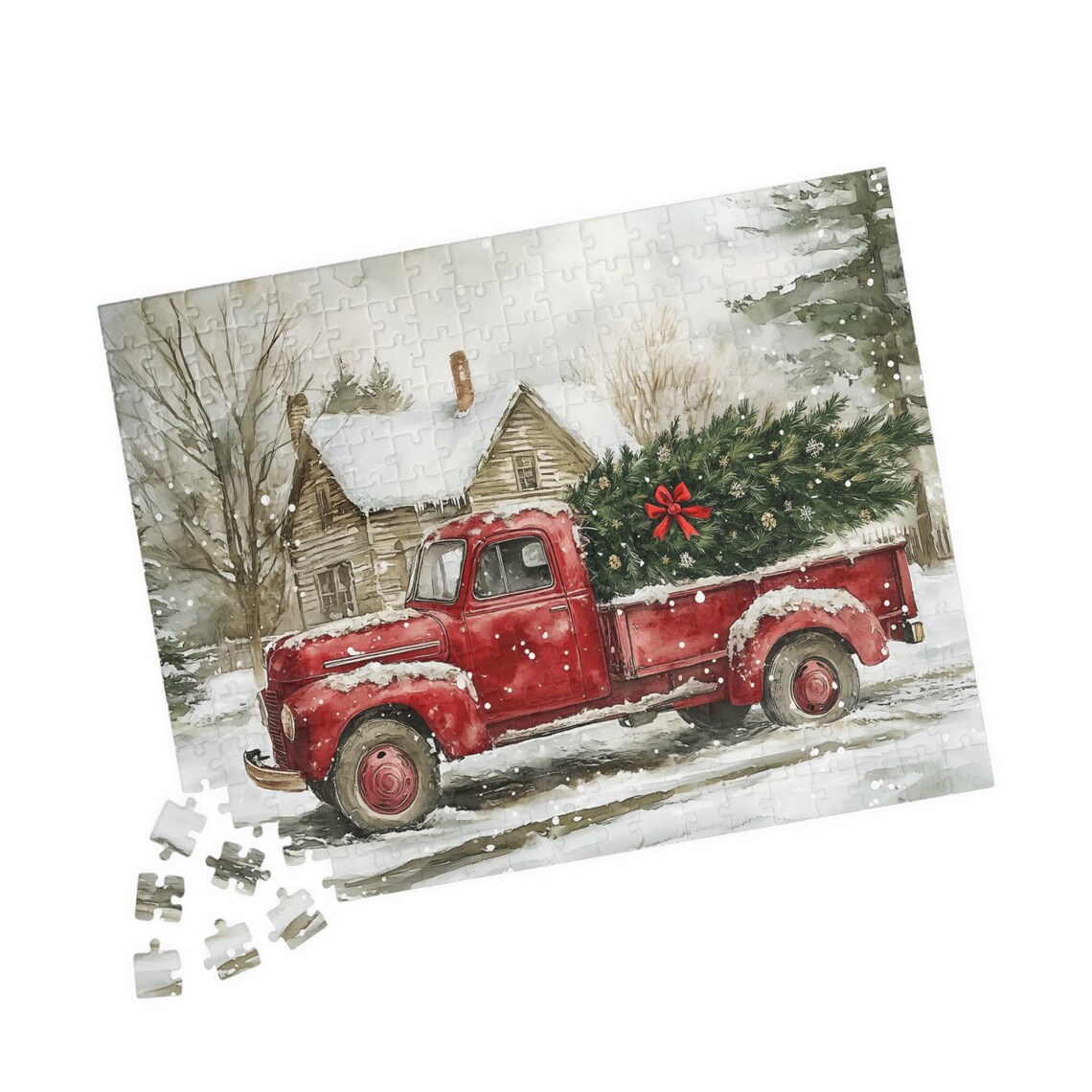 Vintage Red Truck with Christmas Tree Snowy Country House Poster - Image 4