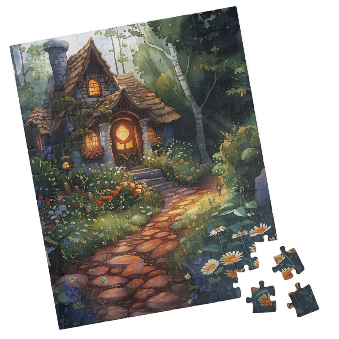 Watercolor Country House Thatched Roof Forest Garden Path Poster