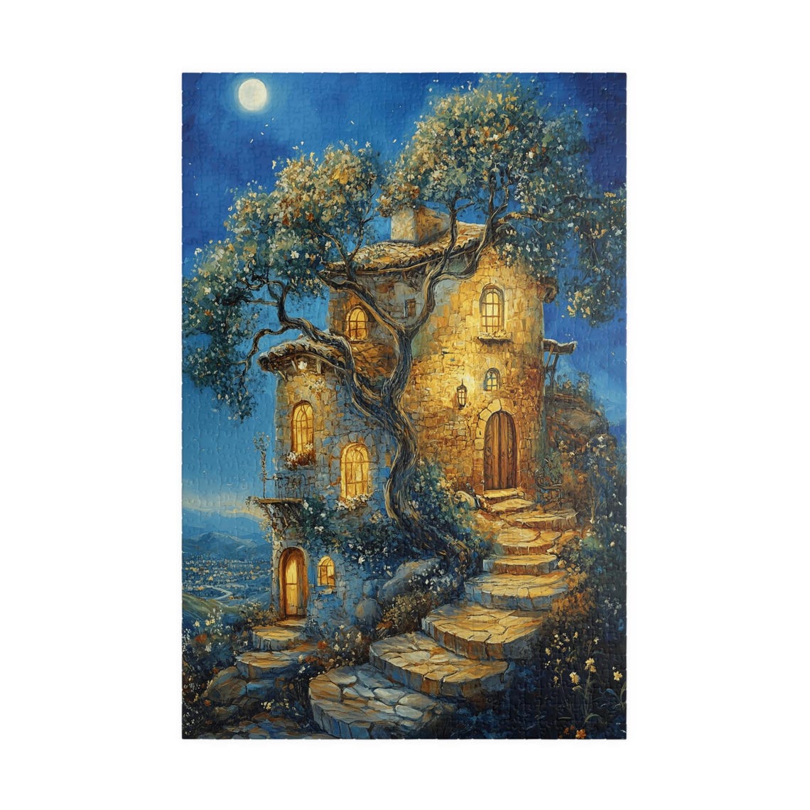 Moonlit Stone Cottage With Glowing Windows Under The Stars Art Print - Image 3