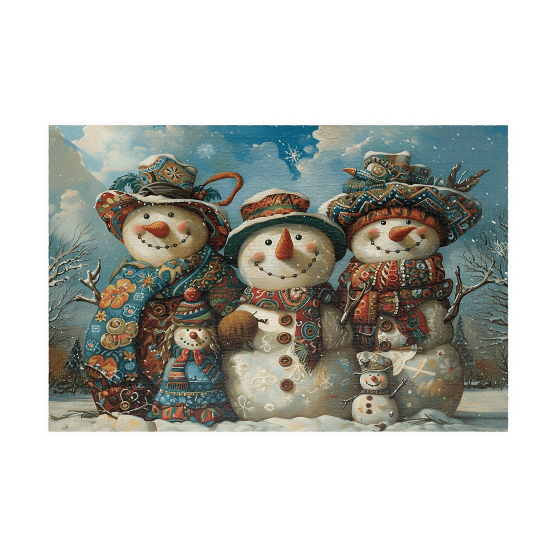 Whimsical Snowman Family Portrait in Patterned Hats and Scarves Poster - Image 3