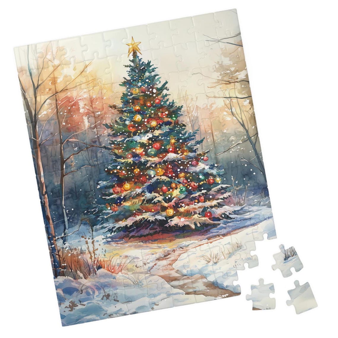 Watercolor Christmas Tree Glowing In A Snowy Forest Art Poster