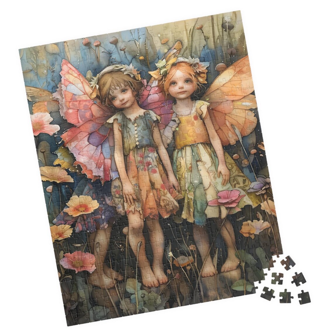 Two Little Fairies Wildflowers Butterfly Wings Watercolor Poster