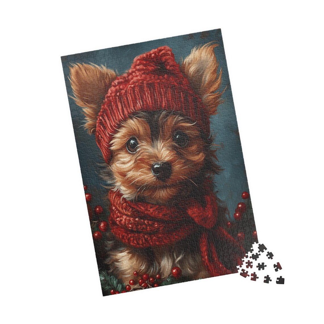 Adorable Yorkie Puppy In Red Knit Hat And Scarf Portrait Art Poster - Image 4