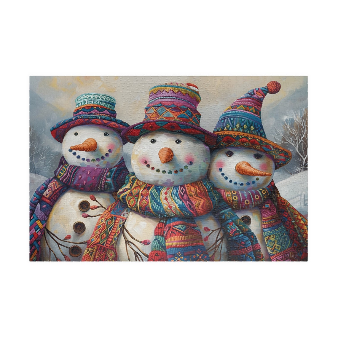 Three Smiling Snowmen In Colorful Knit Hats Winter Art Poster - Image 3