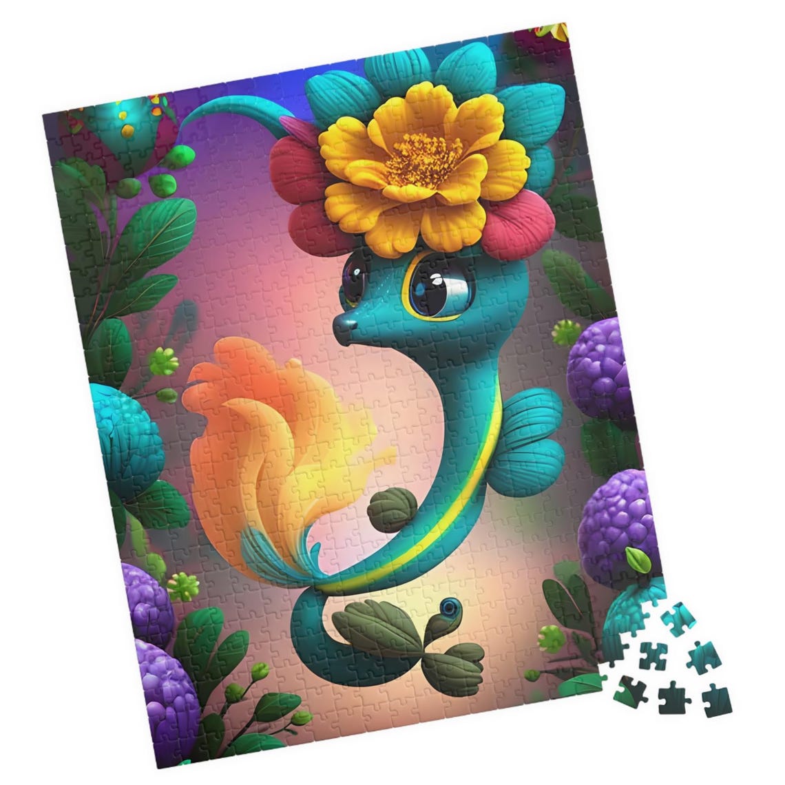 Flutter Cute Teal Fantasy Creature with Yellow Flower Crown Poster