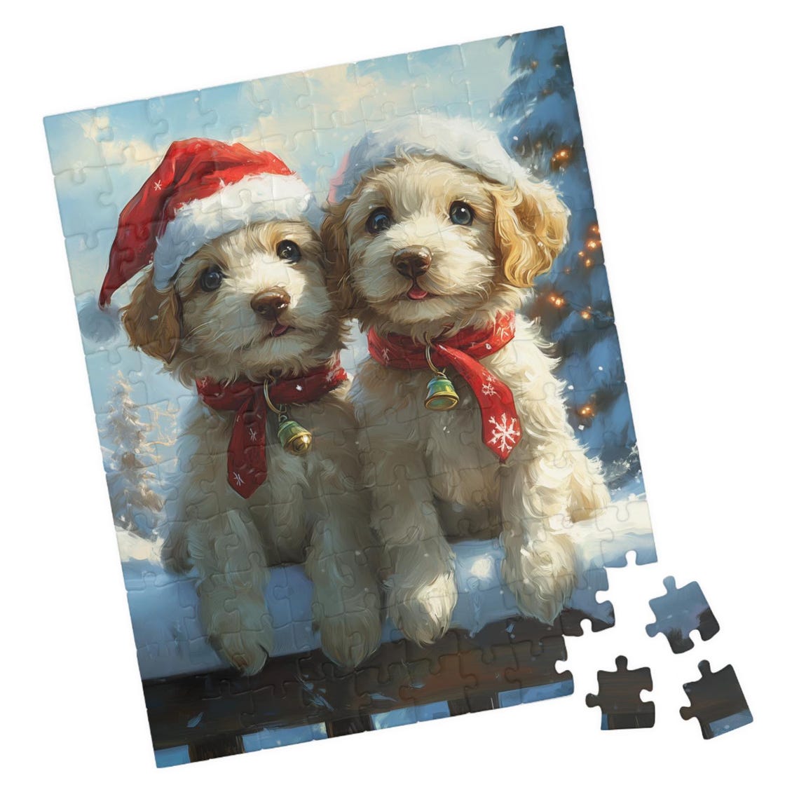 Two Doodle Puppies in Santa Hats and Red Scarves Christmas Dog Poster