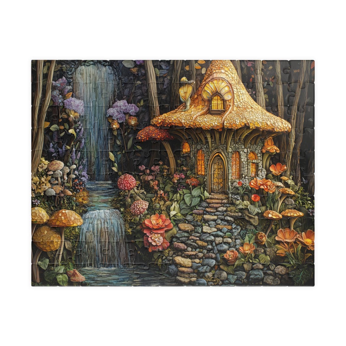 Spring Fairy Cottage with Waterfall in a Mushroom Forest Art Print - Image 5