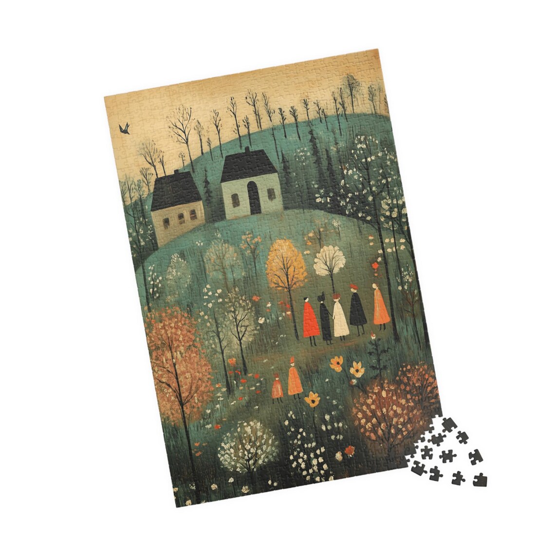 Early Spring Folk Art Village Cottages Blooming Flowers Scene Poster - Image 4