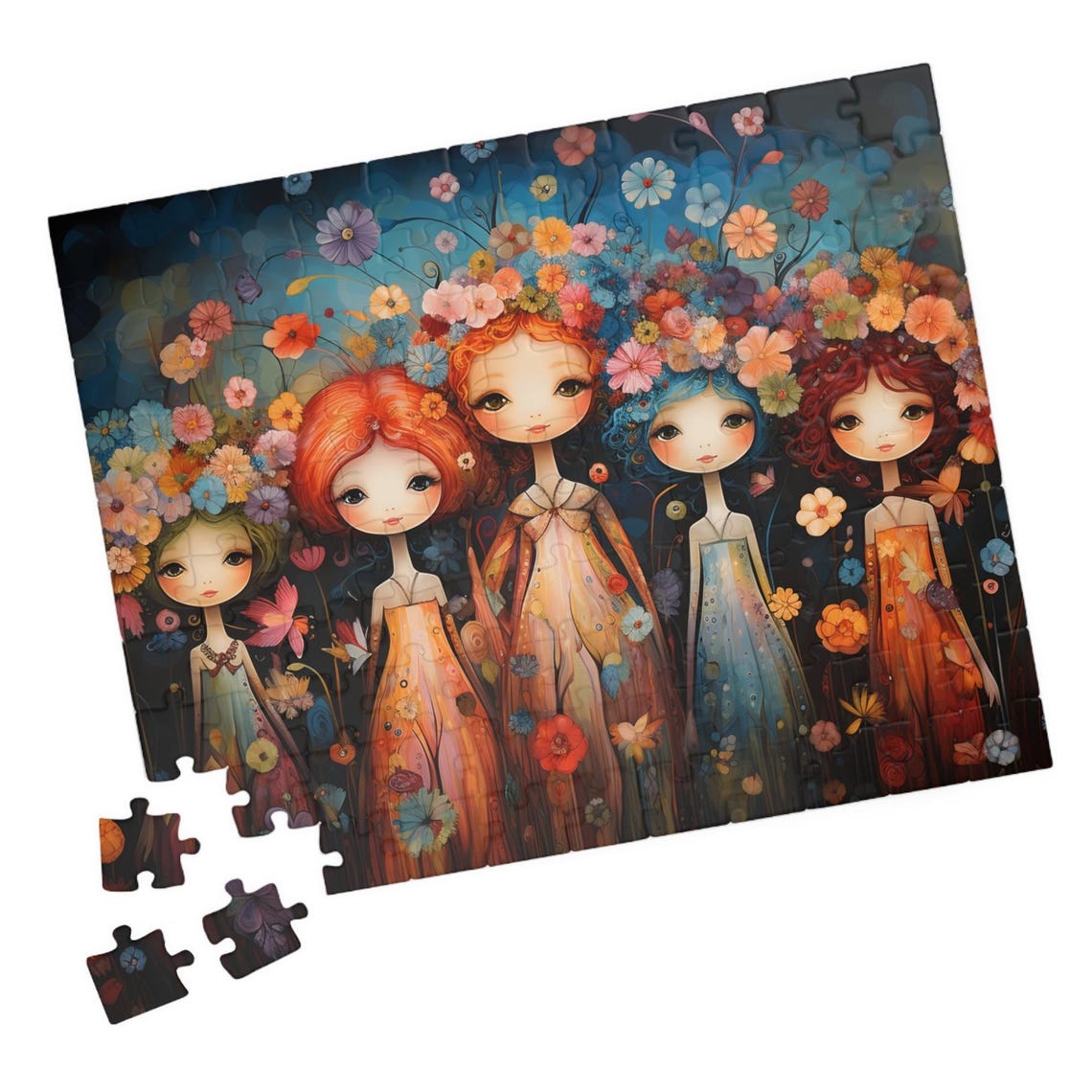 Five Sweet Girls Wearing Bright Flower Crowns in a Garden Poster