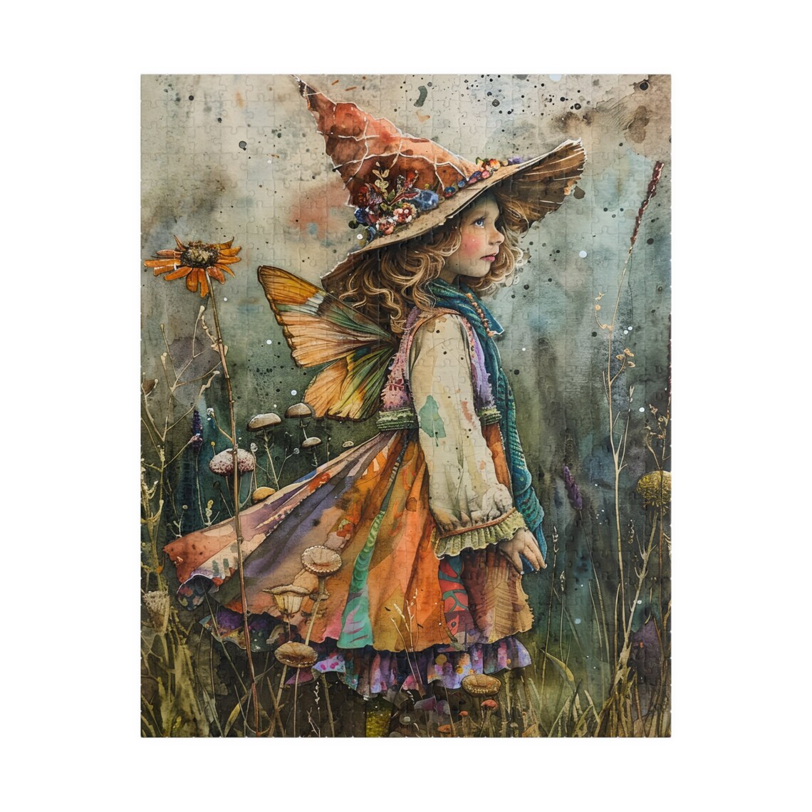 Watercolor Fairy Girl with a Witch Hat in a Wildflower Field Print - Image 5