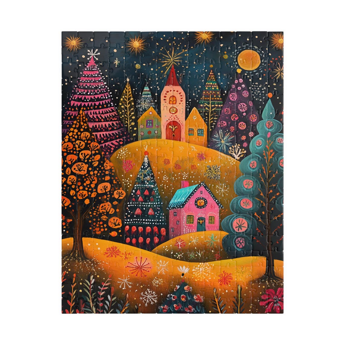 Mountain Village Under Starry Sky Whimsical Night Lights Folk Poster - Image 5