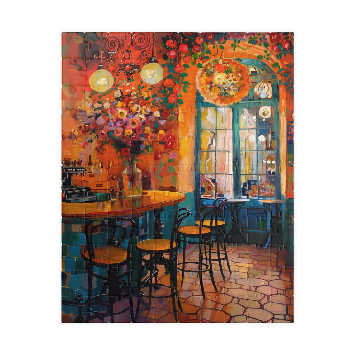 Colorful Cafe Interior with Bar Stools Espresso Machine Art Poster - Image 5
