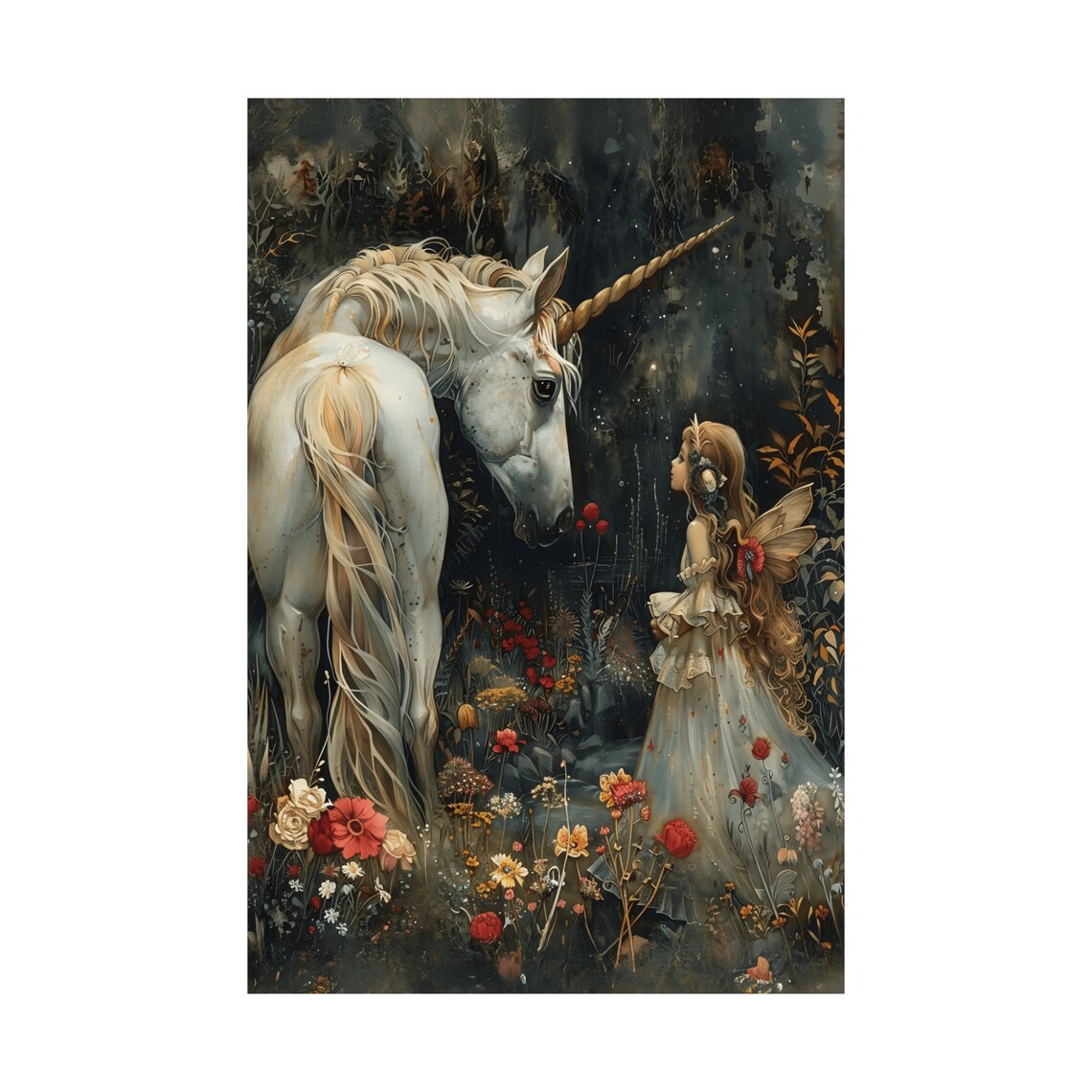 White Unicorn and Fairy Girl Enchanted Dark Forest Fantasy Poster - Image 3