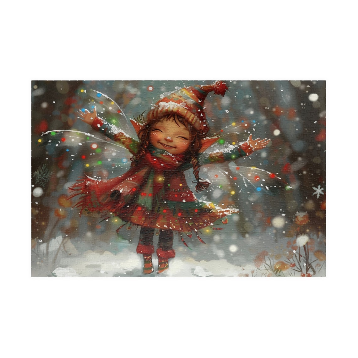 Joyful Elf Girl Dancing In Falling Snow Holiday Jigsaw Puzzle Print - Image 3