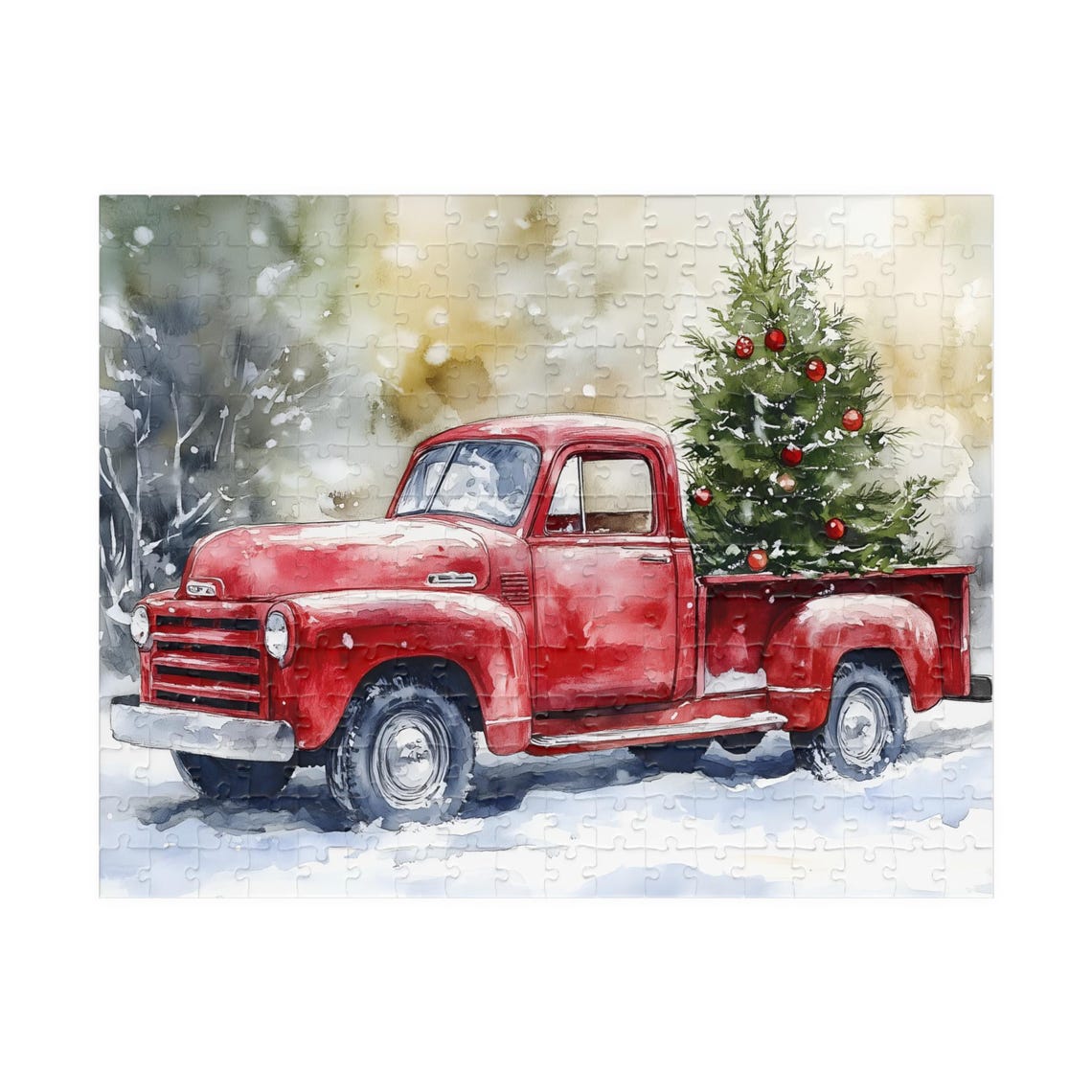 Vintage Red Pickup Truck Carrying A Christmas Tree In Snow Art Print - Image 3
