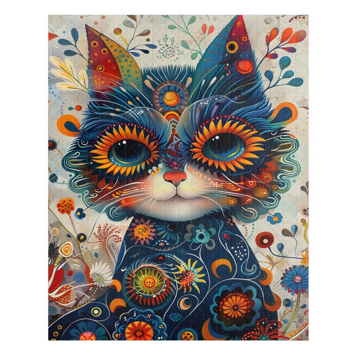 Colorful Folk Art Cat Portrait with Sunflower Eyes Art Poster