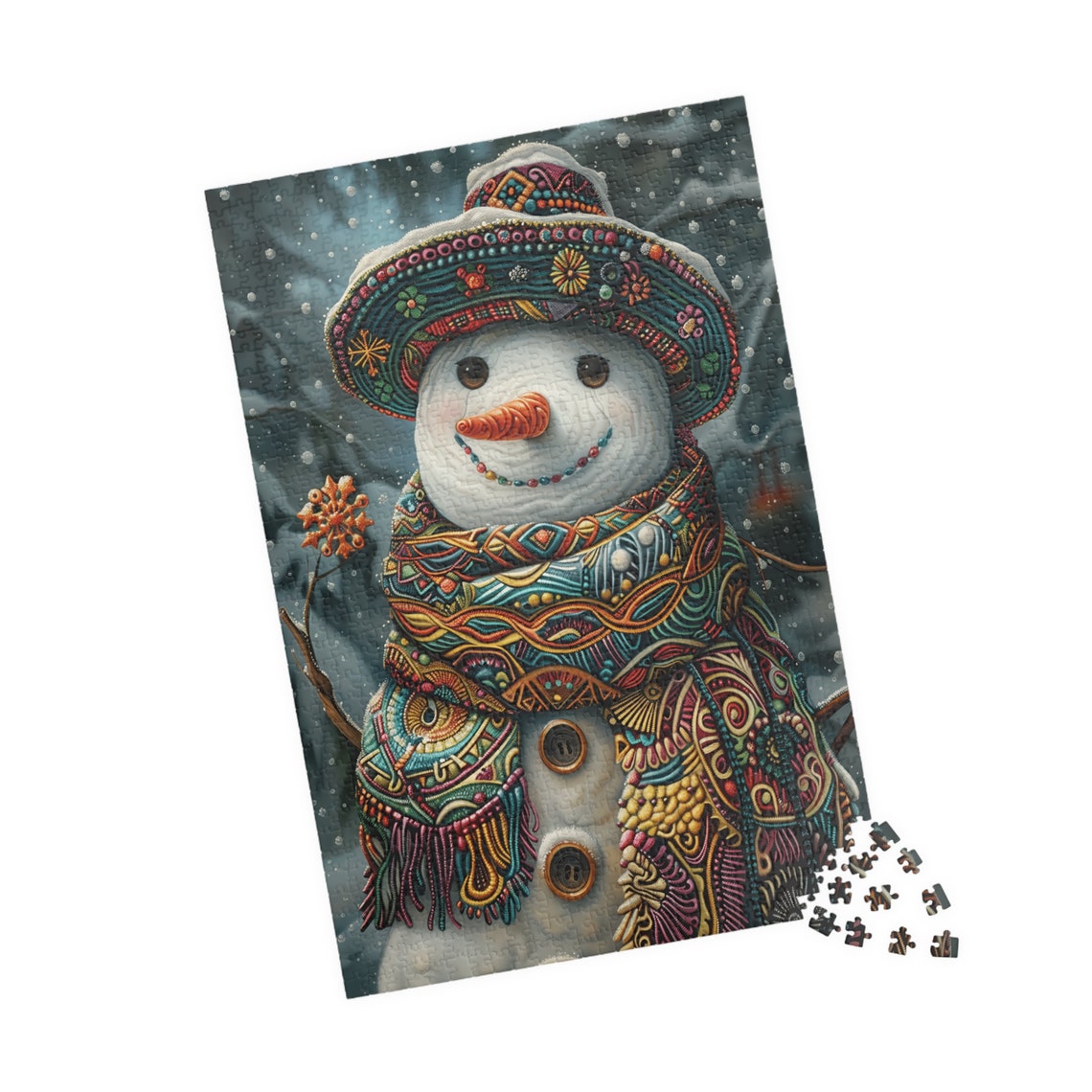 Jolly Snowman Wearing a Bright Colorful Fiesta Hat in Snow Poster - Image 5