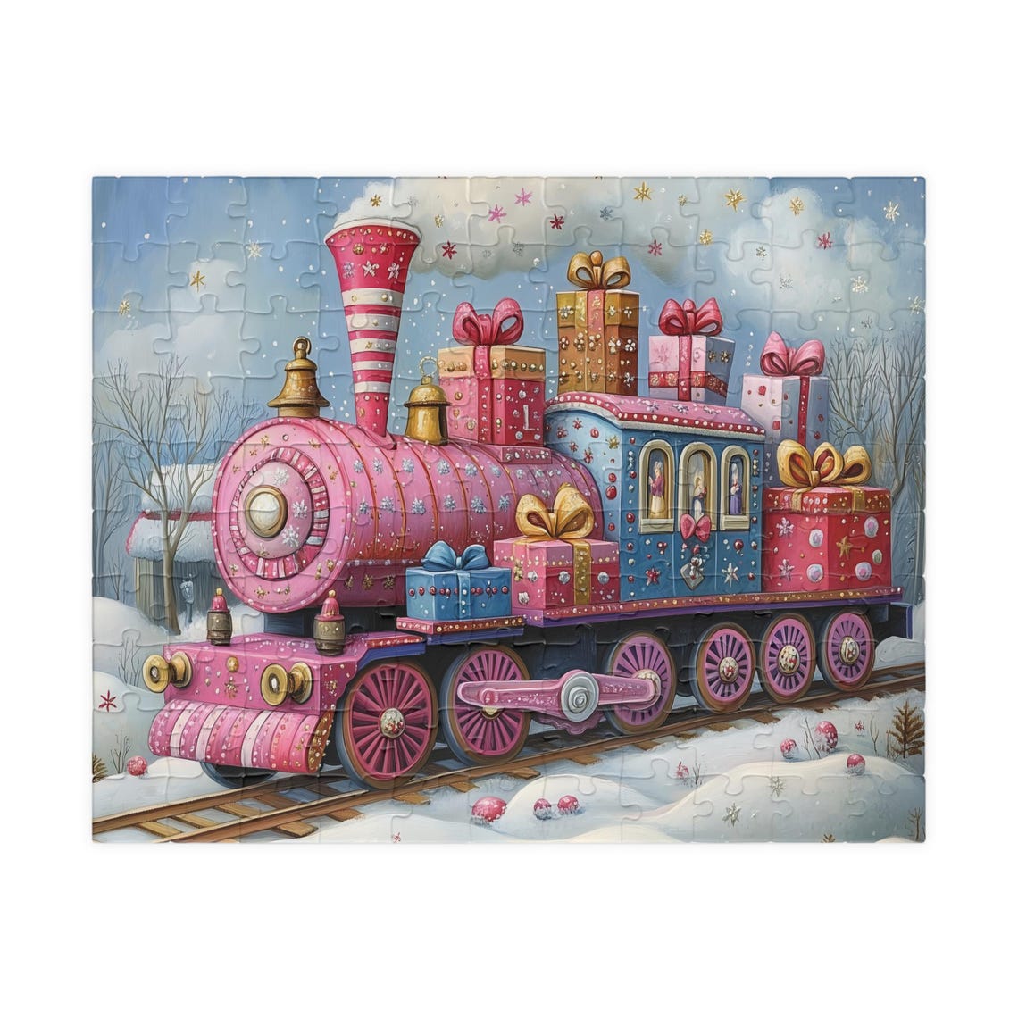 Whimsical Pink And Blue Christmas Train With Gifts Art Poster - Image 5