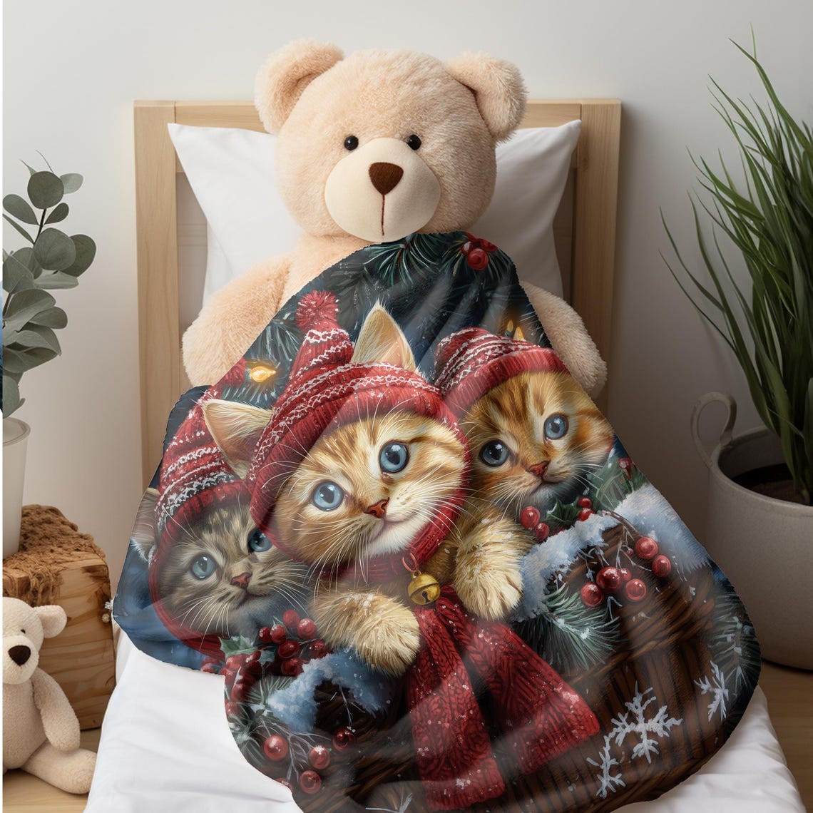 Three Kittens in Red Knit Hats Sitting in a Christmas Basket Print - Image 2