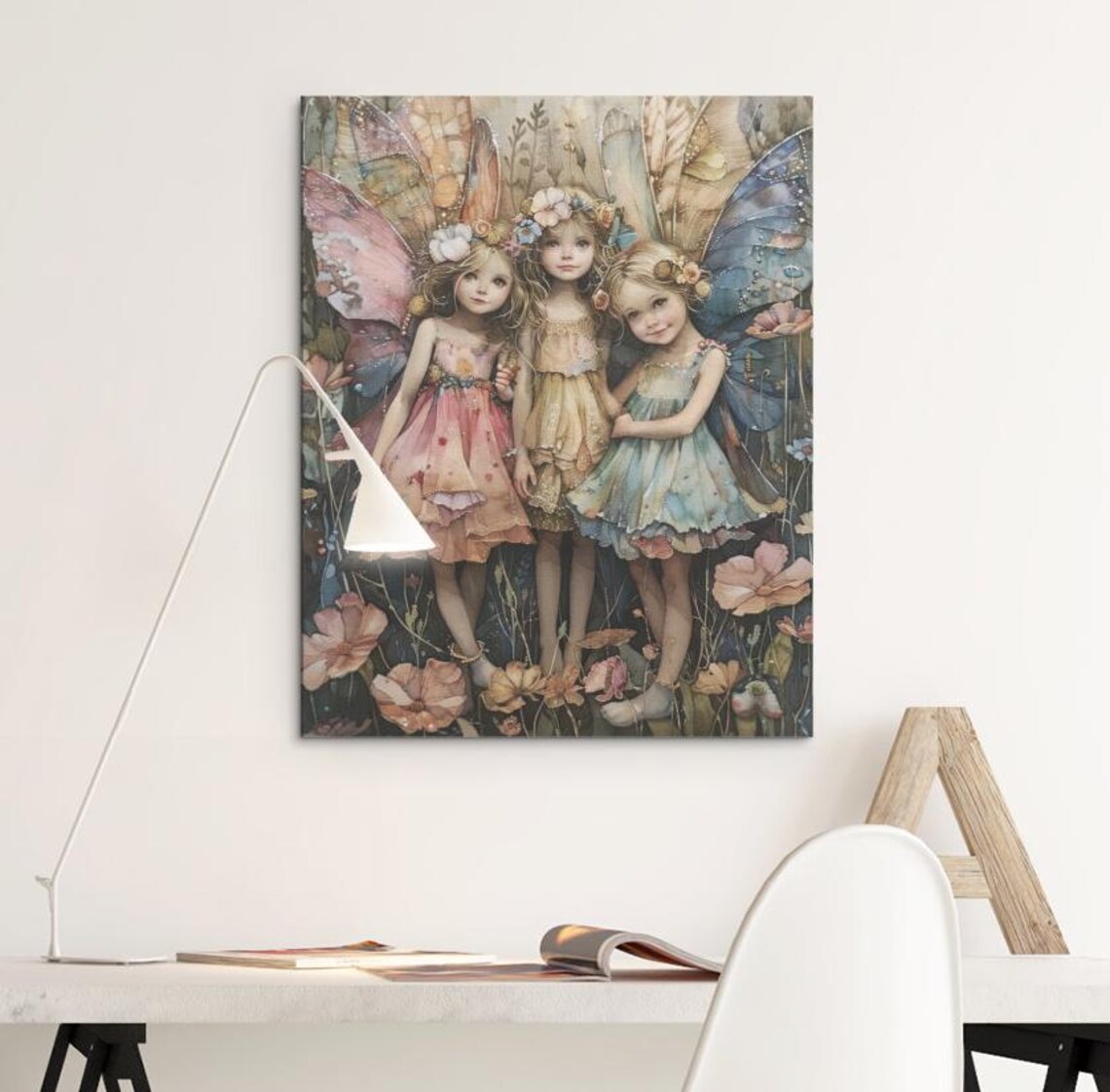 Three Little Pastel Fairies Among Wildflowers Watercolor Poster