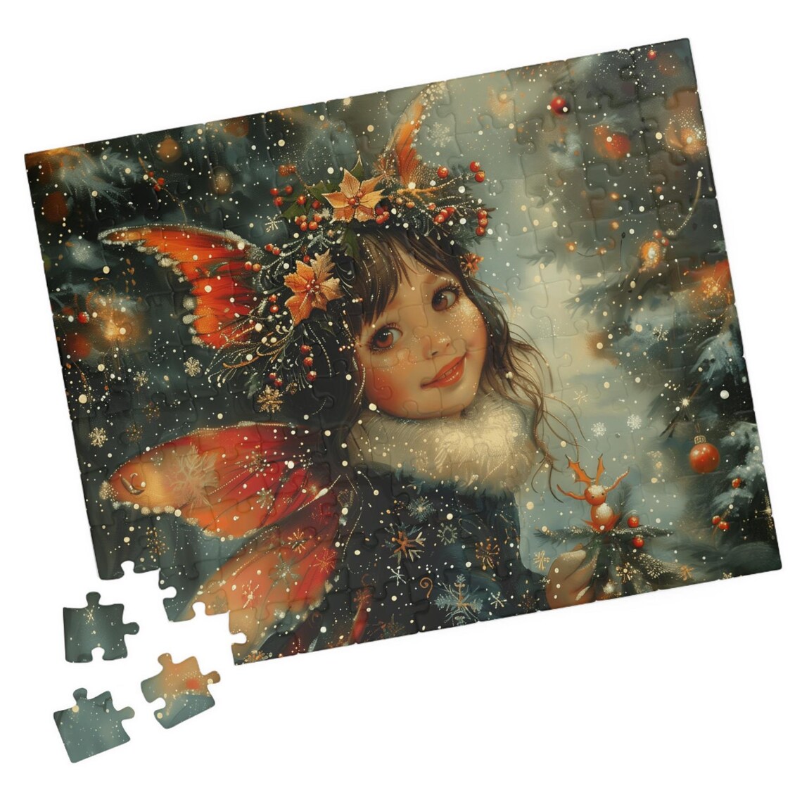 Little Christmas Fairy Girl with Red Wings in Snowy Night Poster