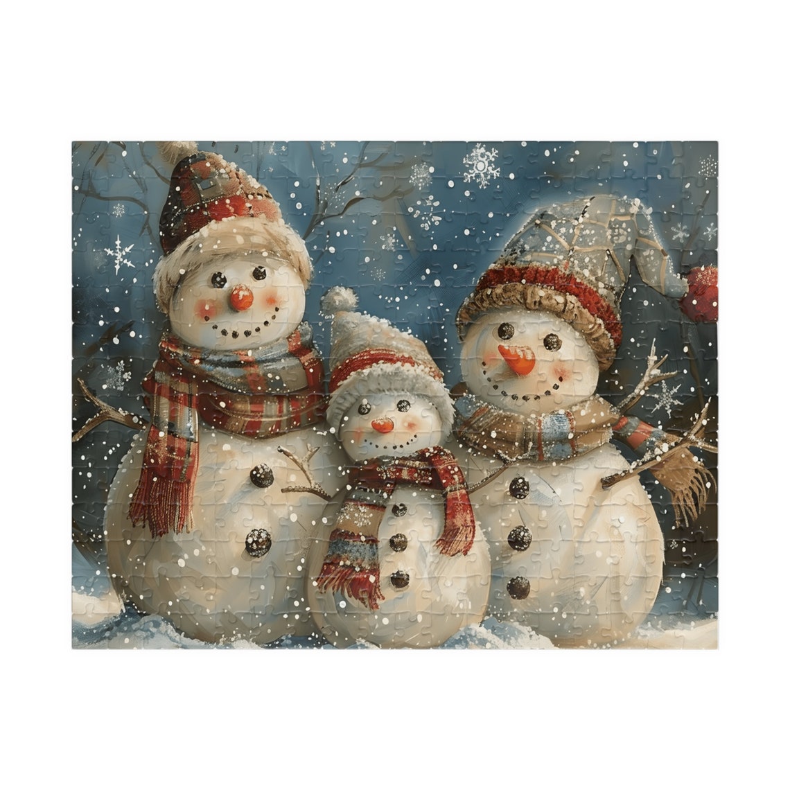 Snowman Family Falling Snow Plaid Scarves Christmas Art Poster - Image 5