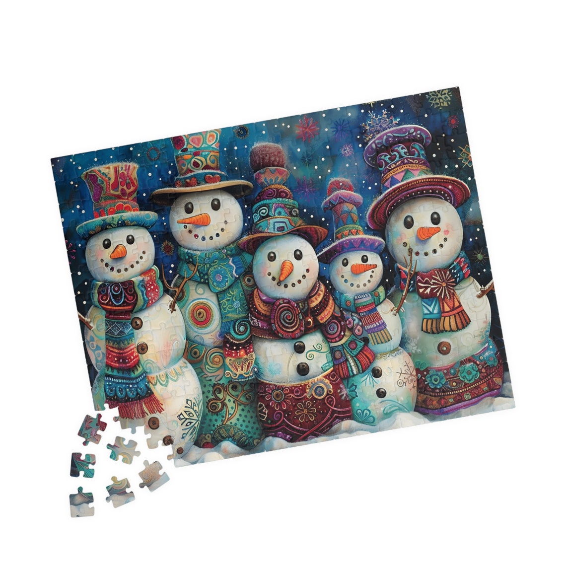 Five Whimsical Snowmen Friends in Tall Colorful Hats Night Poster - Image 2