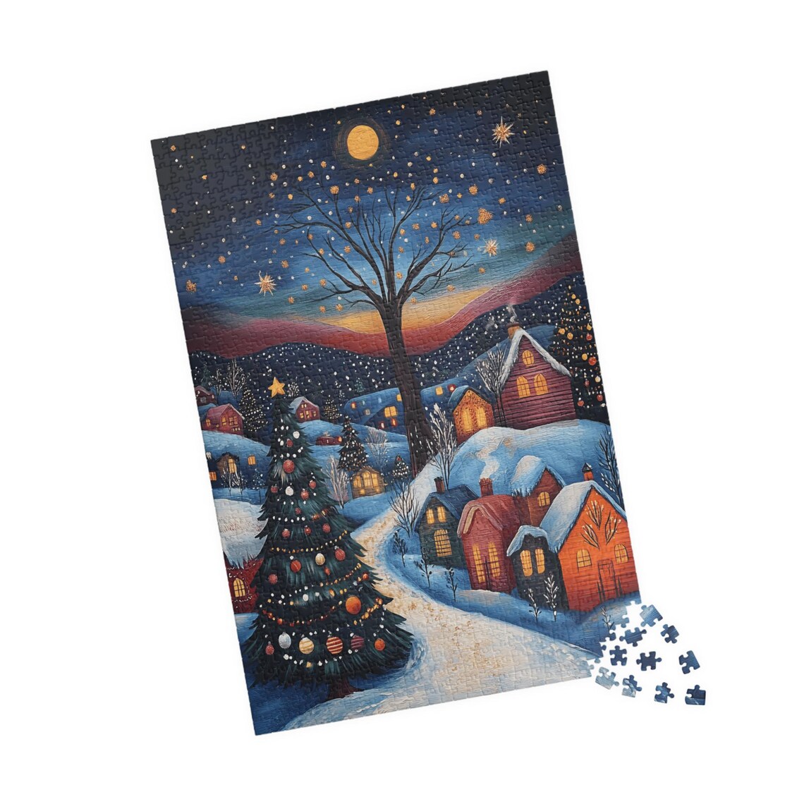 Snowy Christmas Village Under a Moonlit Golden Night Sky Art Print - Image 4