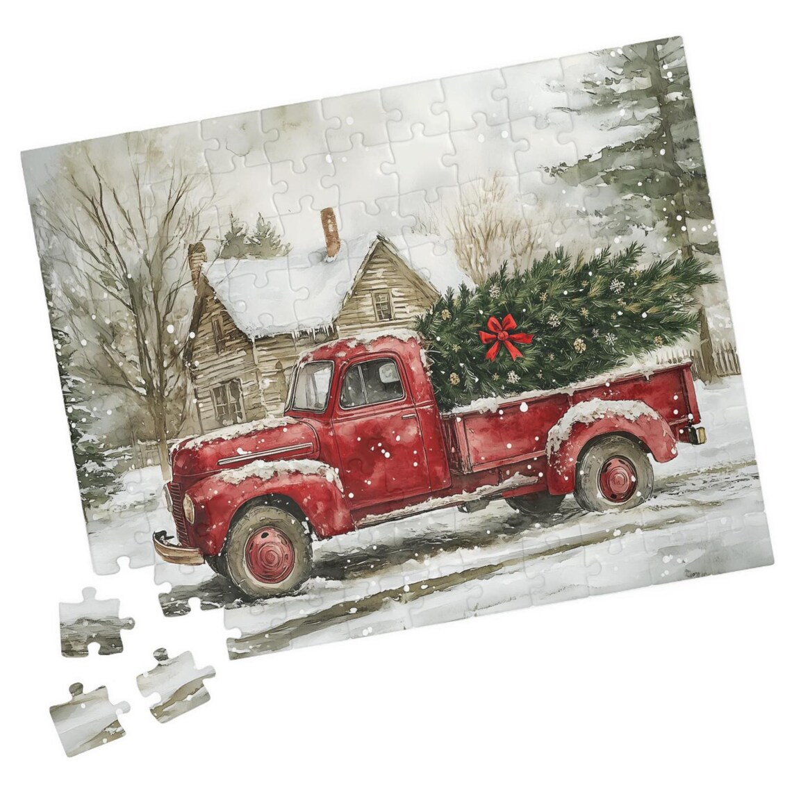 Vintage Red Truck with Christmas Tree Snowy Country House Poster