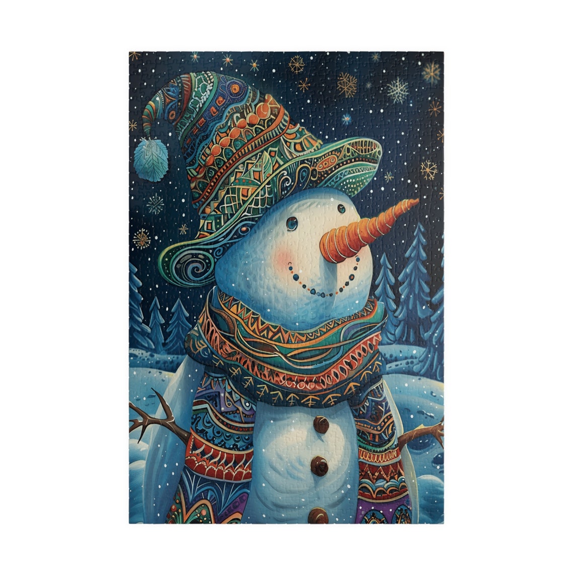 Whimsical Snowman in Ornate Winter Hat Under Starry Snowy Sky Poster - Image 3